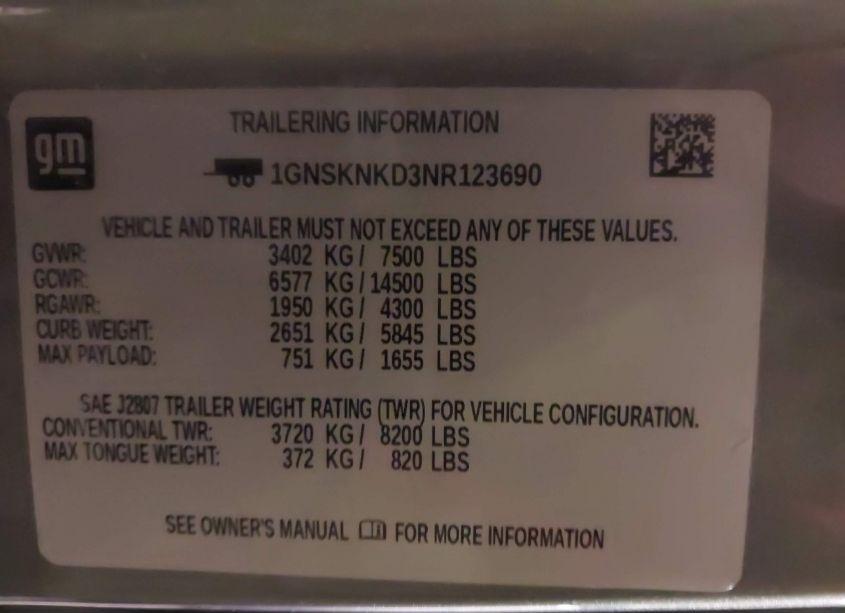 Photo 9 of 2022 Chevrolet Tahoe 4WD LT (VIN 1GNSKNKD3NR123690)