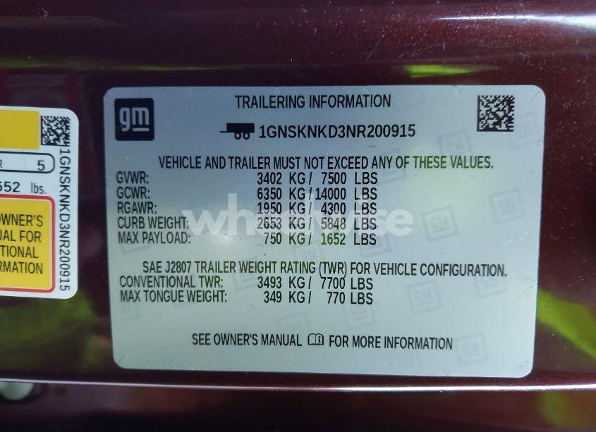 Photo 9 of 2022 Chevrolet Tahoe 4WD LT (VIN 1GNSKNKD3NR200915)