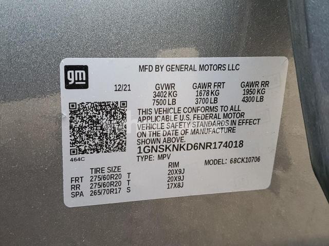 Photo 3 of 2022 CHEVROLET TAHOE K1500 LT (VIN 1GNSKNKD6NR174018)