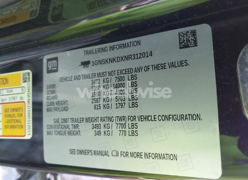 Photo 9 of 2022 Chevrolet Tahoe 4WD LT (VIN 1GNSKNKDXNR312014)