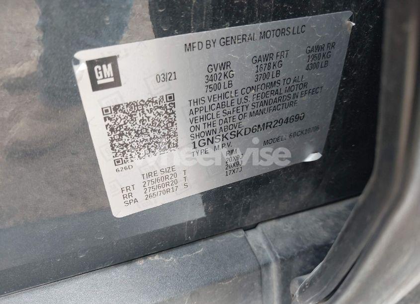 Photo 9 of 2021 Chevrolet Tahoe 4WD PREMIER (VIN 1GNSKSKD6MR294690)