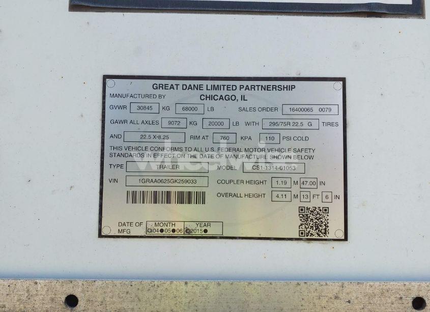 Photo 9 of 2016 Great Dane TRAILERS SEMI TRAILER (VIN 1GRAA0625GK259033)