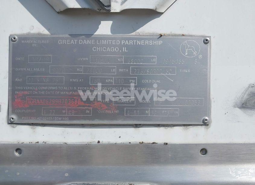Photo 8 of 2009 Great Dane TRAILERS UNKNOWN (VIN 1GRAA06299B703680)