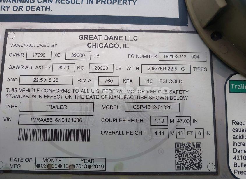 Photo 9 of 2019 Great Dane TRAILERS GREAT DANE TRAILERS (VIN 1GRAA5616KB164686)