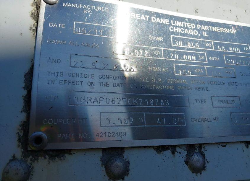 Photo 9 of 2012 Great Dane TRAILERS GREAT DANE TRAILERS (VIN 1GRAP0627CK218783)