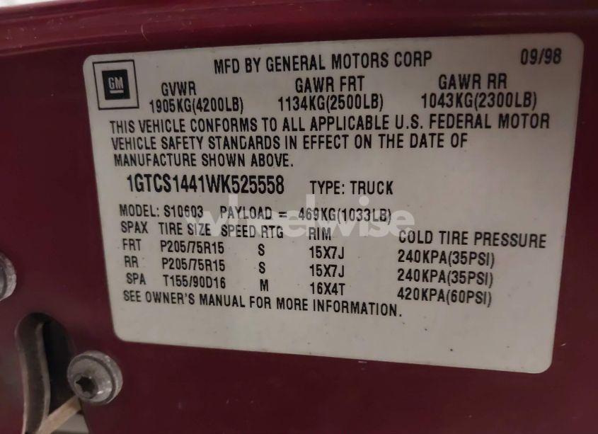 Photo 9 of 1998 Gmc Sonoma SL (VIN 1GTCS1441WK525558)