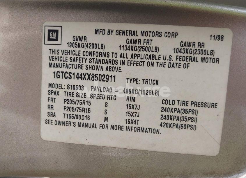 Photo 9 of 1999 Gmc Sonoma SL (VIN 1GTCS144XX8502911)