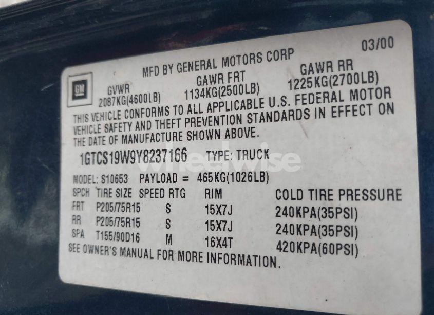 Photo 9 of 2000 Gmc Sonoma SLS (VIN 1GTCS19W9Y8237166)