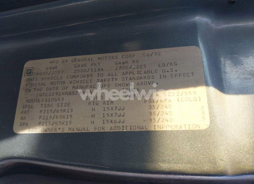 Photo 9 of 1992 Gmc Sonoma N/A (VIN 1GTCS19Z6N8526494)