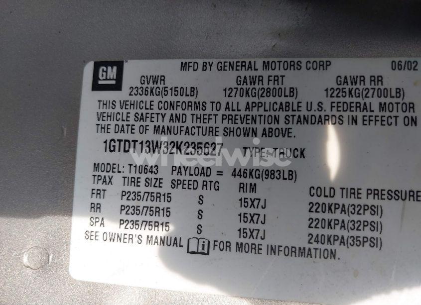 Photo 9 of 2002 Gmc Sonoma SLS (VIN 1GTDT13W32K235627)