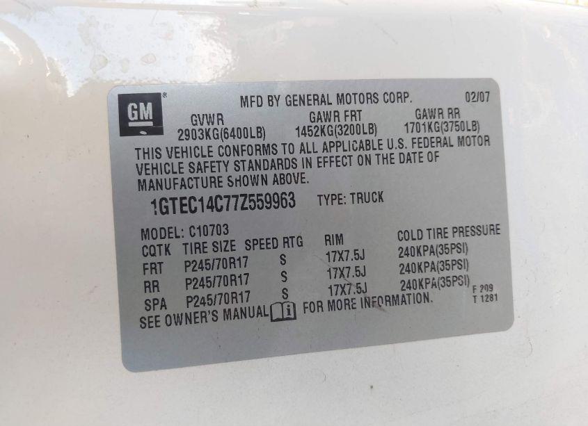 Photo 9 of 2007 Gmc Sierra 1500 WORK TRUCK (VIN 1GTEC14C77Z559963)