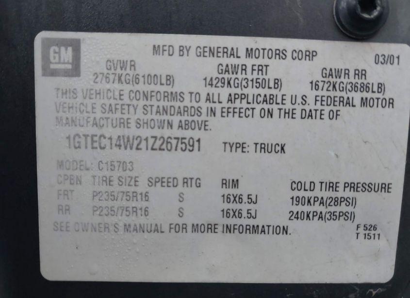 Photo 9 of 2001 Gmc Sierra 1500 SL (VIN 1GTEC14W21Z267591)