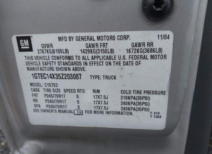 Photo 9 of 2005 Gmc Sierra 1500 WORK TRUCK (VIN 1GTEC14X35Z203087)