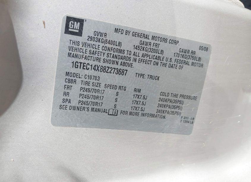 Photo 9 of 2008 Gmc Sierra 1500 WORK TRUCK (VIN 1GTEC14X88Z273687)