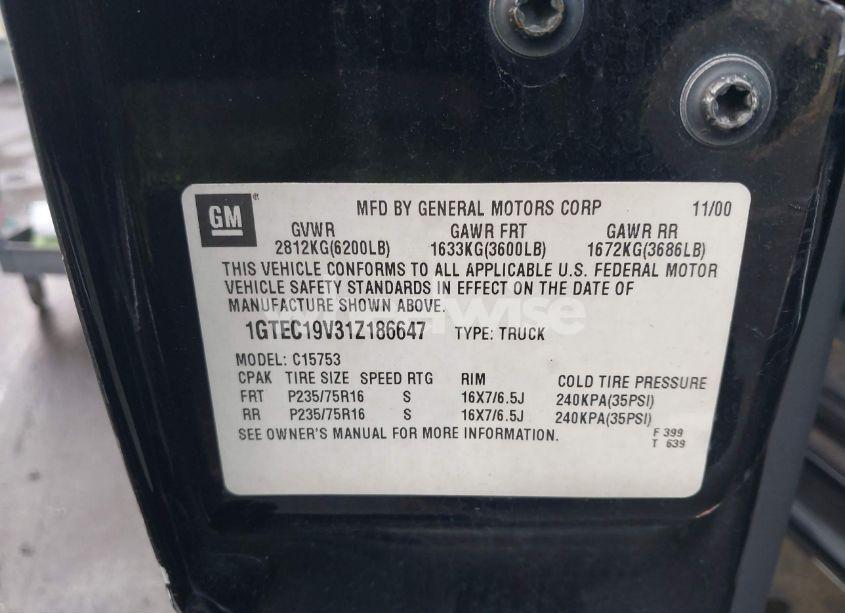 Photo 9 of 2001 Gmc Sierra 1500 SLE (VIN 1GTEC19V31Z186647)