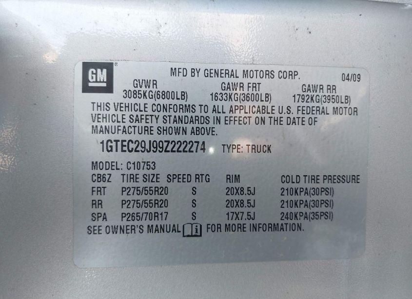 Photo 9 of 2009 Gmc Sierra 1500 SLE (VIN 1GTEC29J99Z222274)