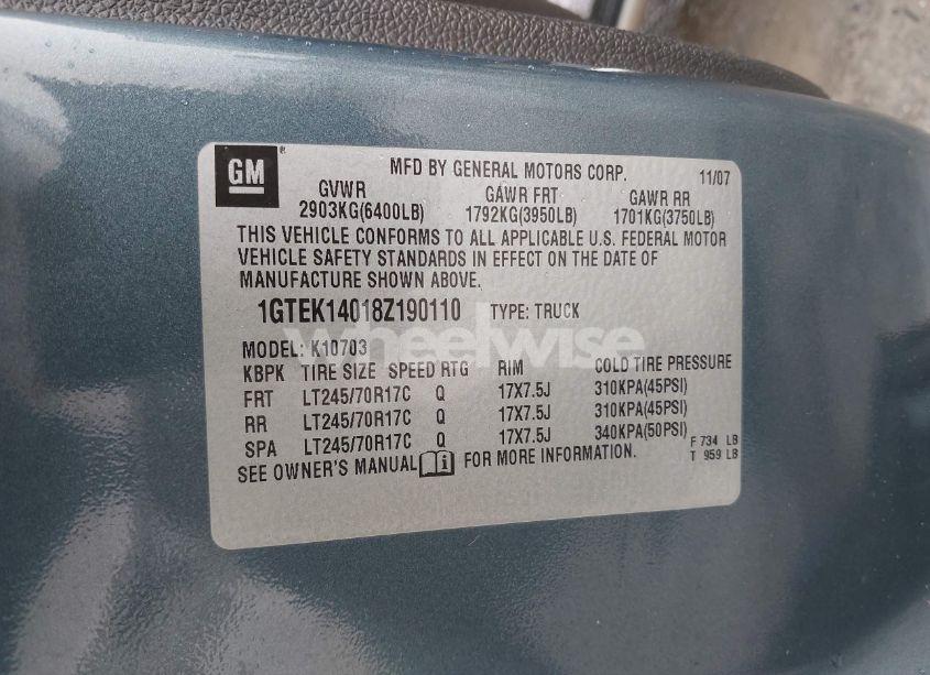 Photo 9 of 2008 Gmc Sierra 1500 SLE1 (VIN 1GTEK14018Z190110)