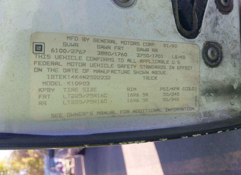 Photo 9 of 1992 Gmc Sierra K1500 (VIN 1GTEK14K4NZ522232)
