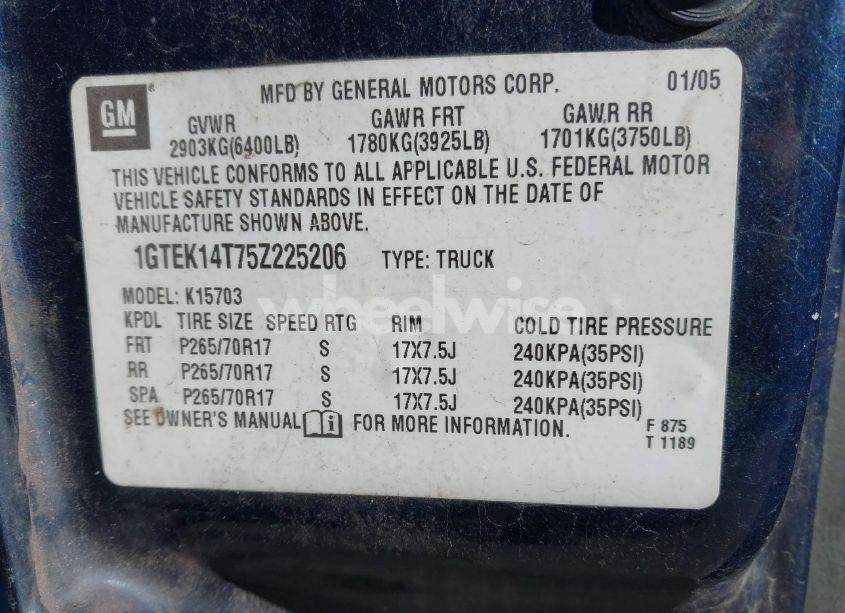 Photo 9 of 2005 Gmc Sierra 1500 (VIN 1GTEK14T75Z225206)