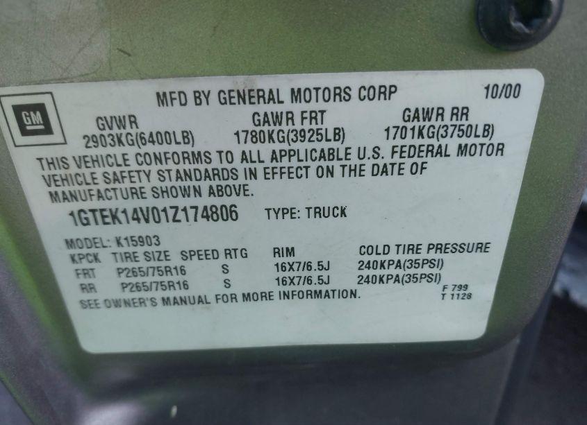 Photo 9 of 2001 Gmc Sierra 1500 SLE (VIN 1GTEK14V01Z174806)