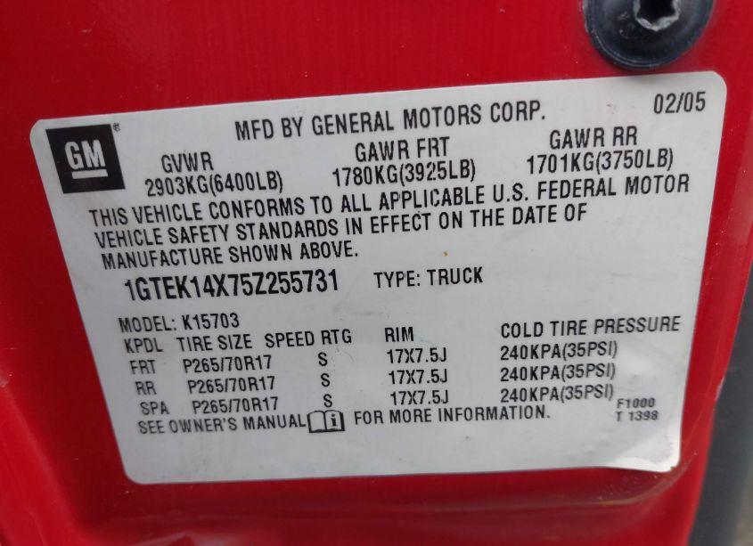 Photo 9 of 2005 Gmc Sierra 1500 WORK TRUCK (VIN 1GTEK14X75Z255731)