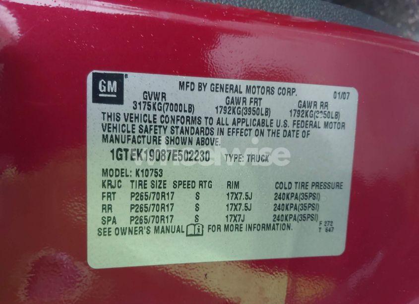 Photo 9 of 2007 Gmc Sierra 1500 SLE1 (VIN 1GTEK19087E502230)
