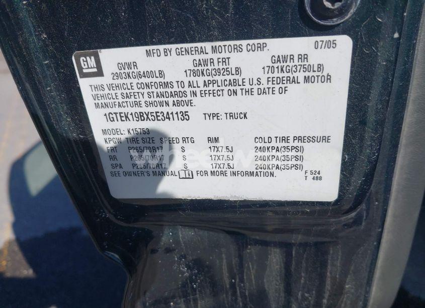 Photo 9 of 2005 Gmc Sierra 1500 SLE (VIN 1GTEK19BX5E341135)