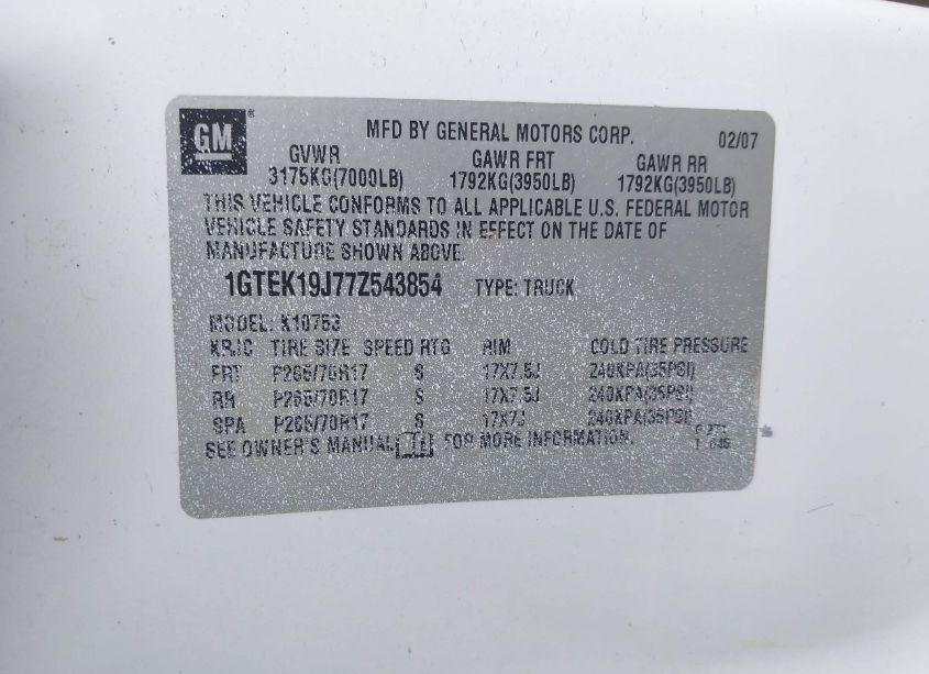 Photo 9 of 2007 Gmc Sierra 1500 SLE1 (VIN 1GTEK19J77Z543854)