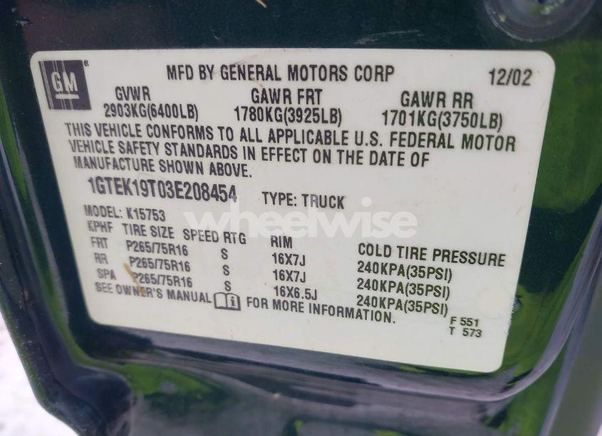 Photo 9 of 2003 Gmc Sierra 1500 SLT (VIN 1GTEK19T03E208454)