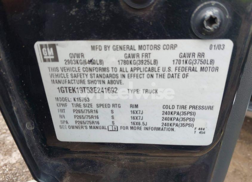 Photo 9 of 2003 Gmc Sierra 1500 SLE (VIN 1GTEK19T53E241692)