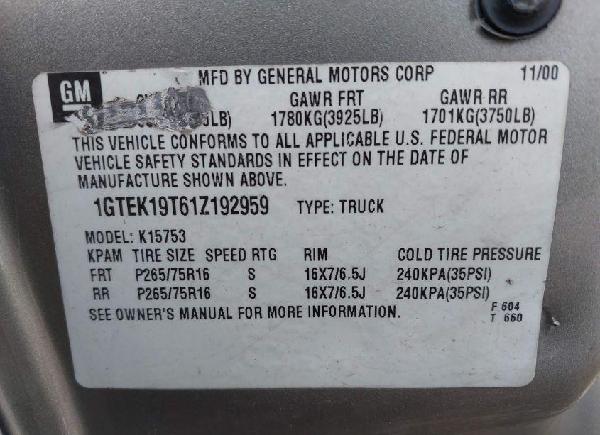 Photo 9 of 2001 Gmc Sierra 1500 SLE (VIN 1GTEK19T61Z192959)