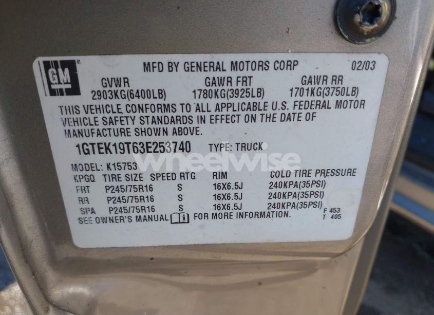 Photo 9 of 2003 Gmc Sierra 1500 SLE (VIN 1GTEK19T63E253740)