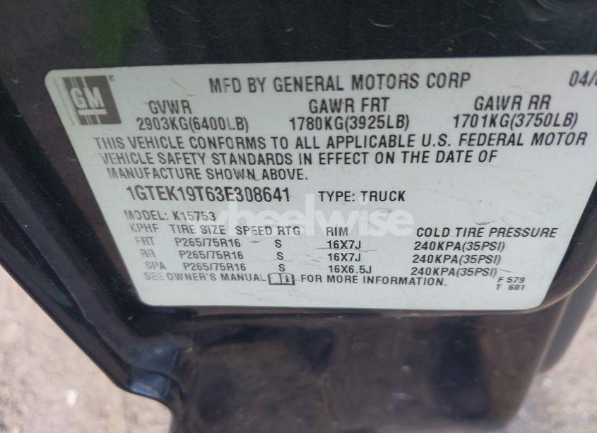 Photo 9 of 2003 Gmc Sierra 1500 SLE (VIN 1GTEK19T63E308641)