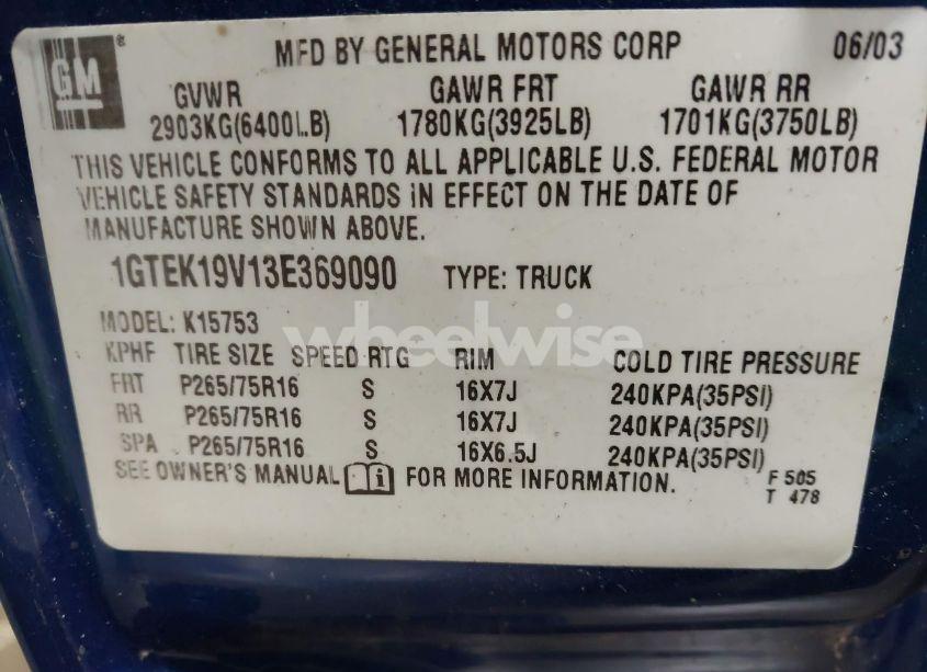 Photo 9 of 2003 Gmc Sierra 1500 SLE (VIN 1GTEK19V13E369090)