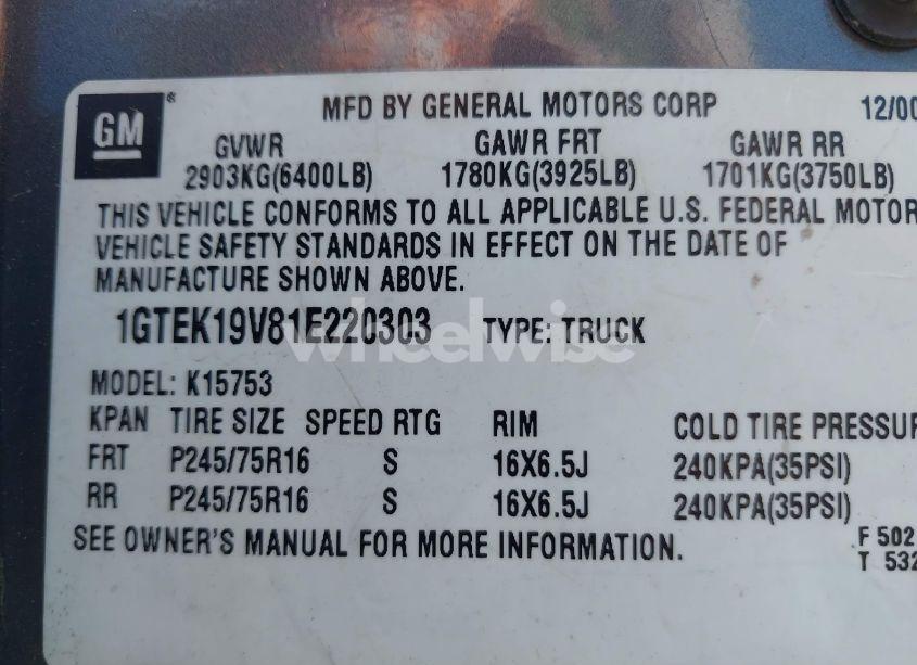 Photo 9 of 2001 Gmc Sierra 1500 SLE (VIN 1GTEK19V81E220303)