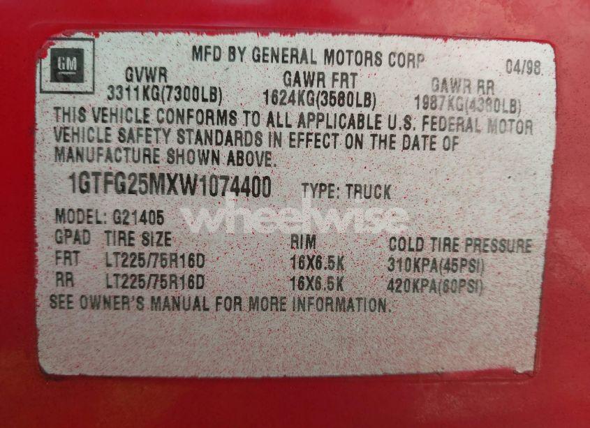 Photo 9 of 1998 Gmc Savana STANDARD (VIN 1GTFG25MXW1074400)