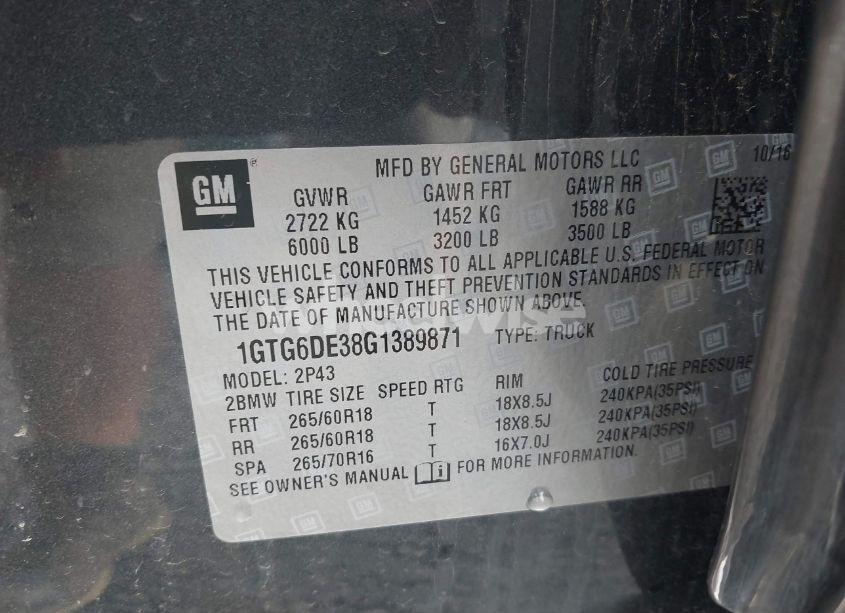 Photo 9 of 2016 Gmc Canyon SLT (VIN 1GTG6DE38G1389871)