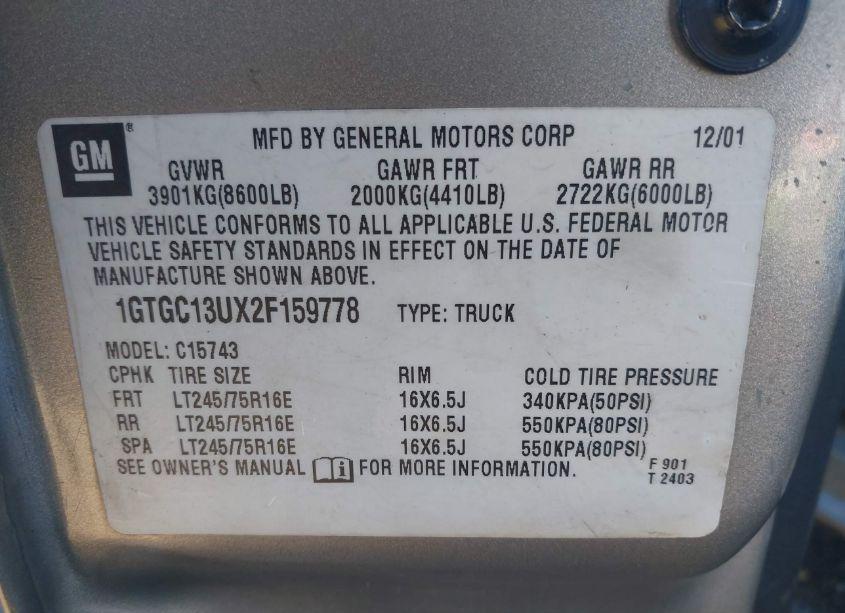 Photo 9 of 2002 Gmc Sierra 1500HD SLE (VIN 1GTGC13UX2F159778)
