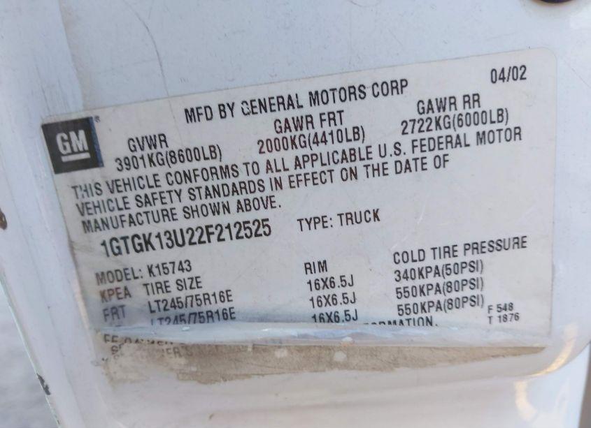 Photo 9 of 2002 Gmc Sierra 1500HD SLE (VIN 1GTGK13U22F212525)