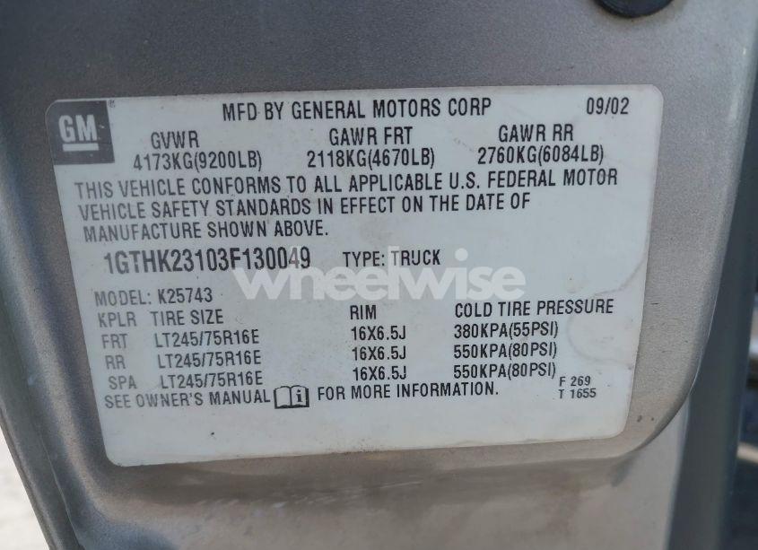 Photo 9 of 2003 Gmc Sierra K2500 HD (VIN 1GTHK23103F130049)
