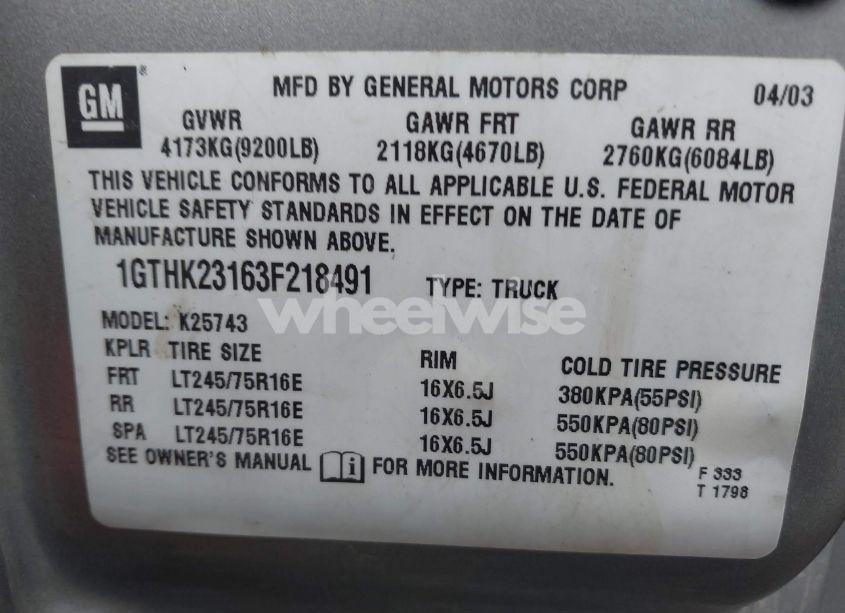 Photo 9 of 2003 Gmc Sierra 2500HD SLT (VIN 1GTHK23163F218491)