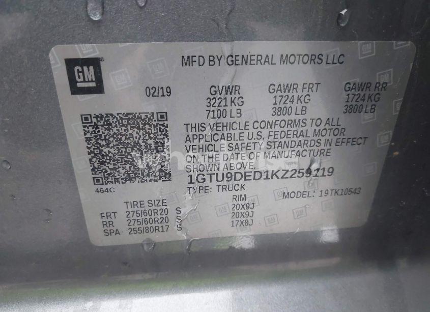 Photo 9 of 2019 Gmc Sierra 1500 SLT (VIN 1GTU9DED1KZ259119)