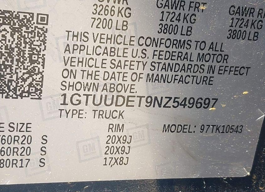 Photo 9 of 2022 Gmc Sierra 1500 4WD SHORT BOX SLT (VIN 1GTUUDET9NZ549697)