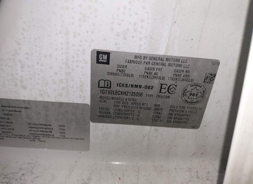Photo 9 of 2017 Gmc Sierra 1500 (VIN 1GTV2LECXHZ125096)