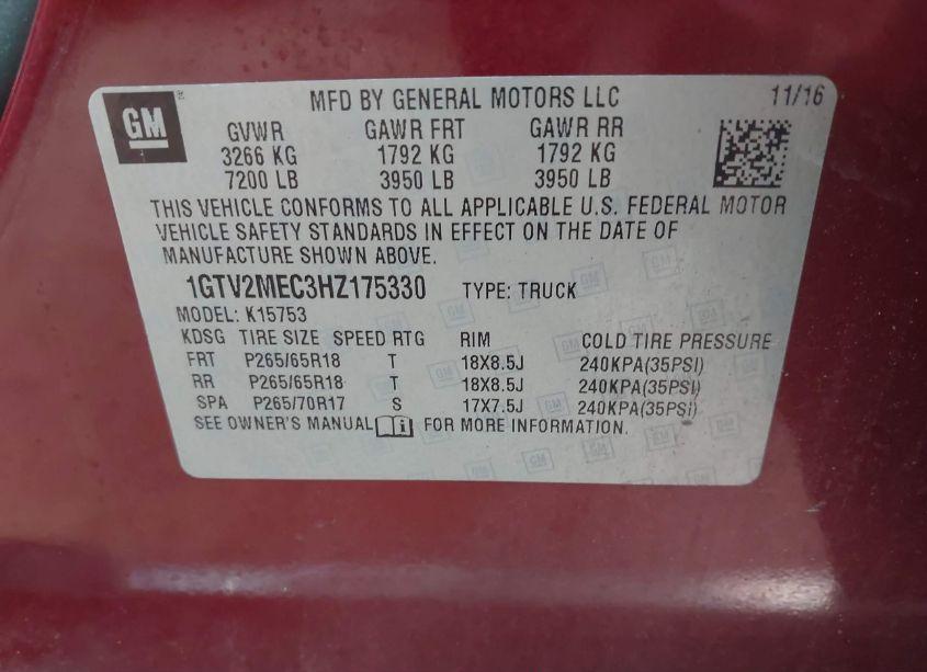 Photo 9 of 2017 Gmc Sierra 1500 SLE (VIN 1GTV2MEC3HZ175330)