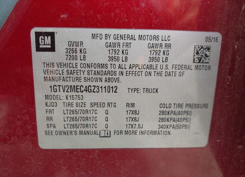 Photo 9 of 2016 Gmc Sierra 1500 SLE (VIN 1GTV2MEC4GZ311012)