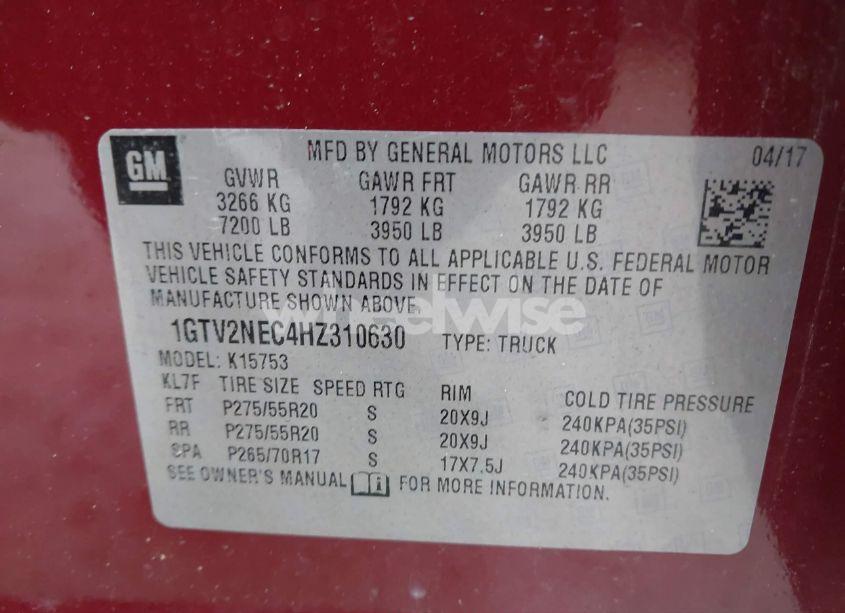 Photo 9 of 2017 Gmc Sierra 1500 SLT (VIN 1GTV2NEC4HZ310630)