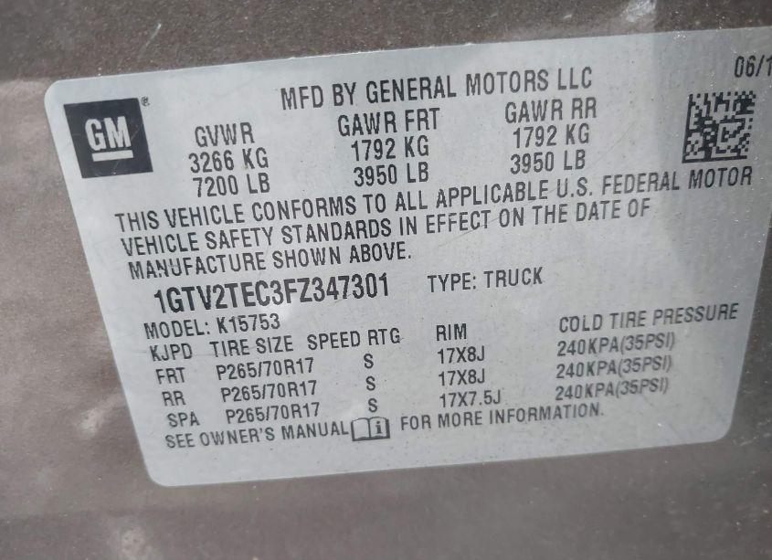 Photo 9 of 2015 Gmc Sierra 1500 (VIN 1GTV2TEC3FZ347301)