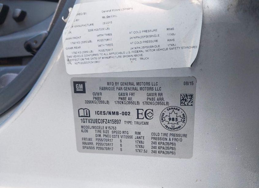 Photo 9 of 2015 Gmc Sierra 1500 SLE (VIN 1GTV2UEC0FZ415897)