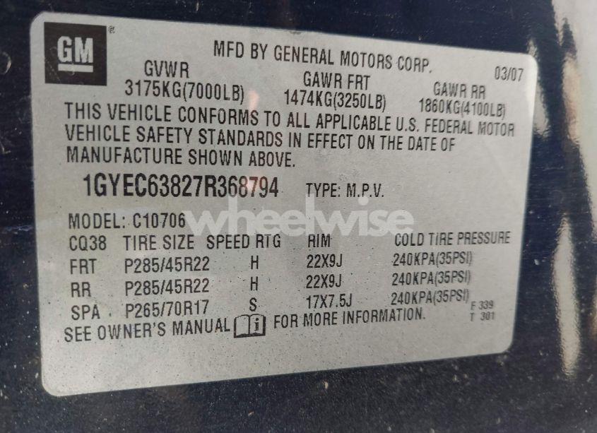 Photo 9 of 2007 Cadillac Escalade STANDARD (VIN 1GYEC63827R368794)